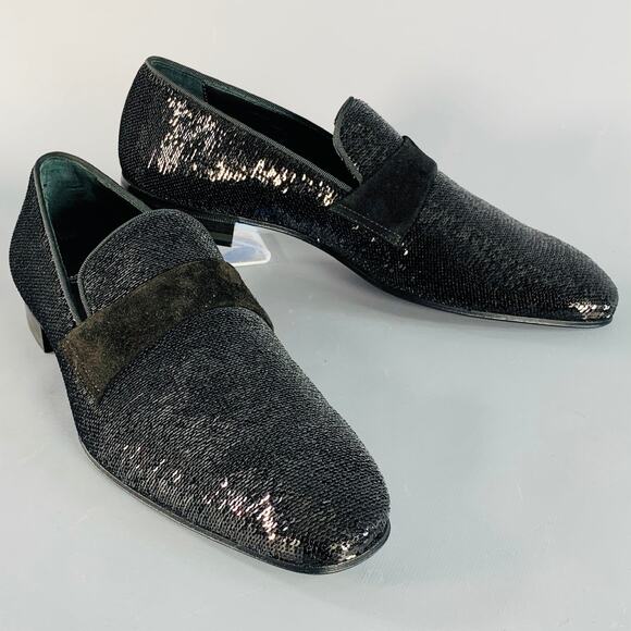 PAUL STUART Size 8.5 Black Sequined Velvet Slip On Loafers - Picture 1 of 9